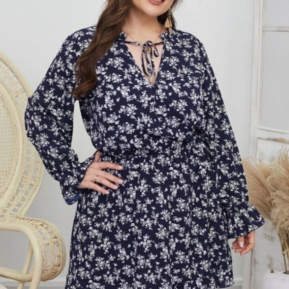 Lucca Couture Navy and White Long Sleeve Floral Dress